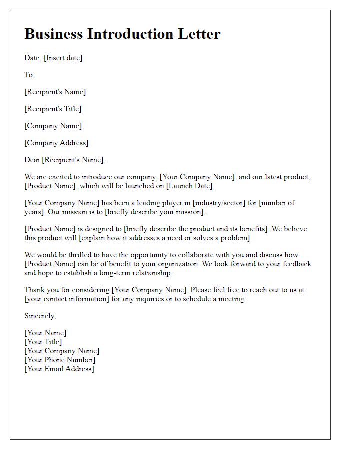 Letter template of business introduction for a product launch