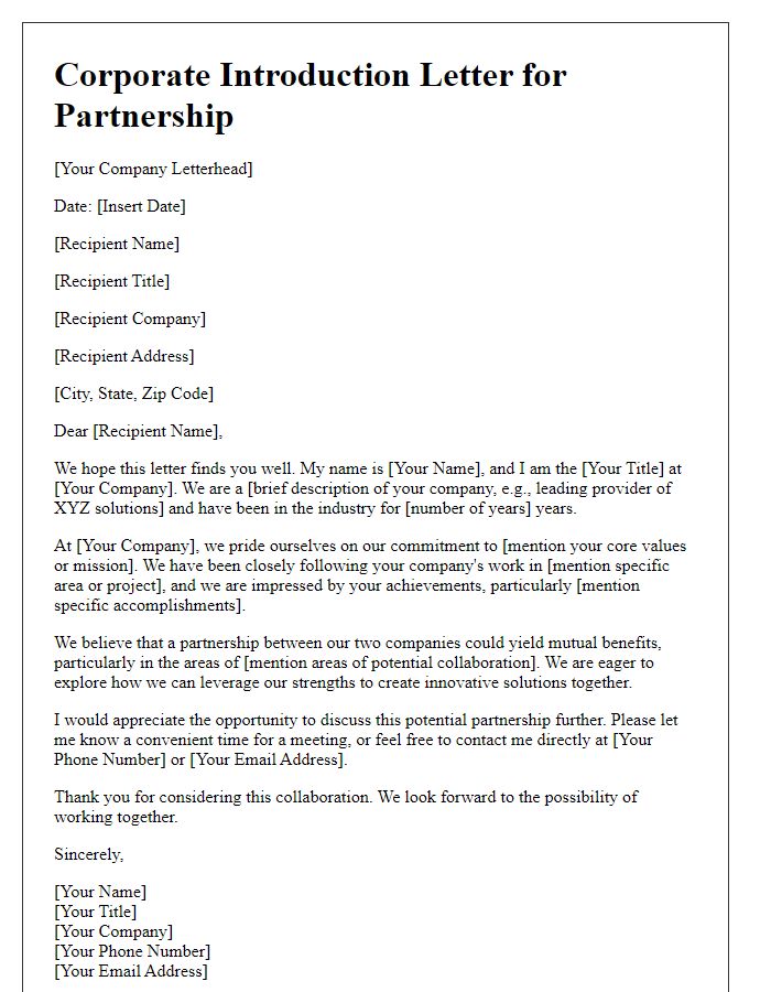 Letter template of corporate introduction for partnership