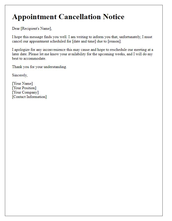 Letter template of professional appointment cancellation