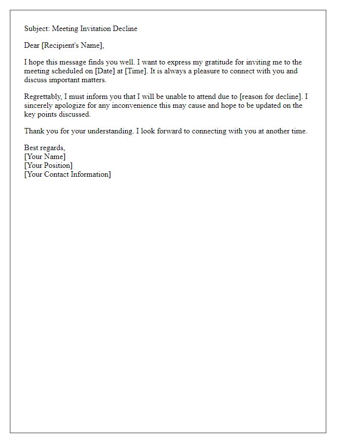 Letter template of respectful meeting decline notification