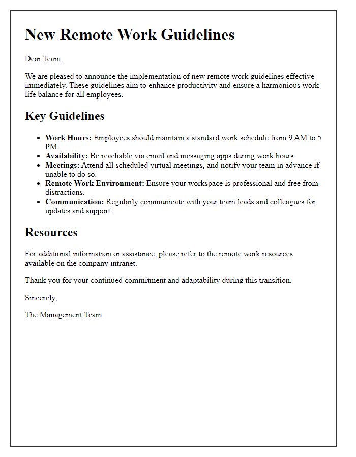 Letter template of new remote work guidelines for staff.