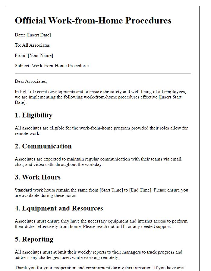 Letter template of official work-from-home procedures for associates.