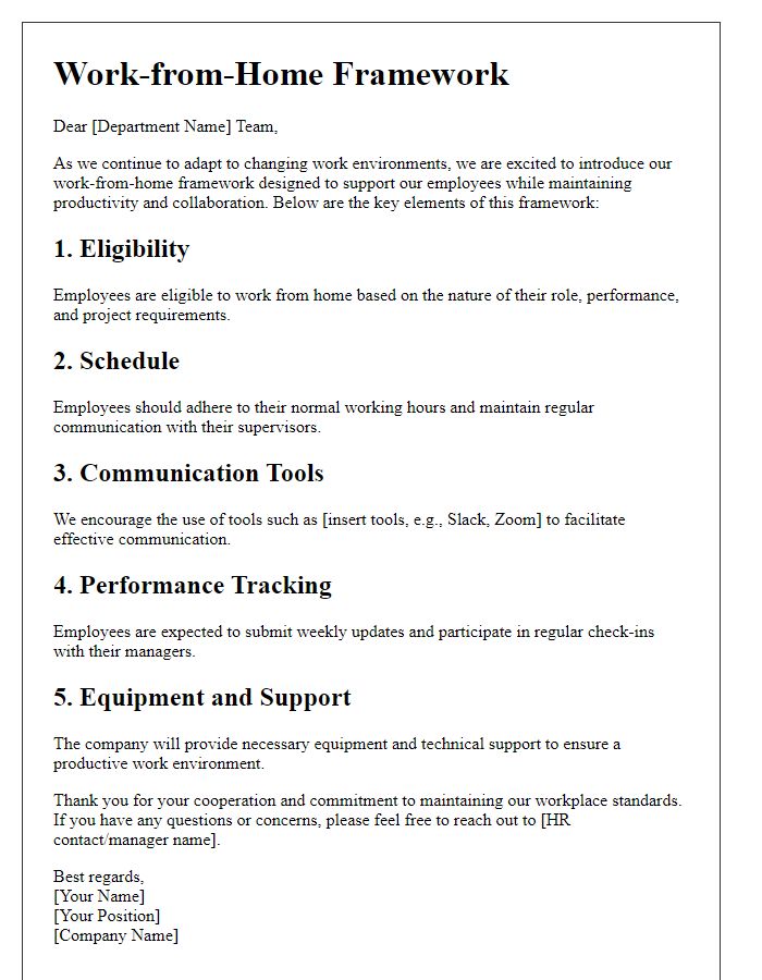 Letter template of work-from-home framework for department employees.