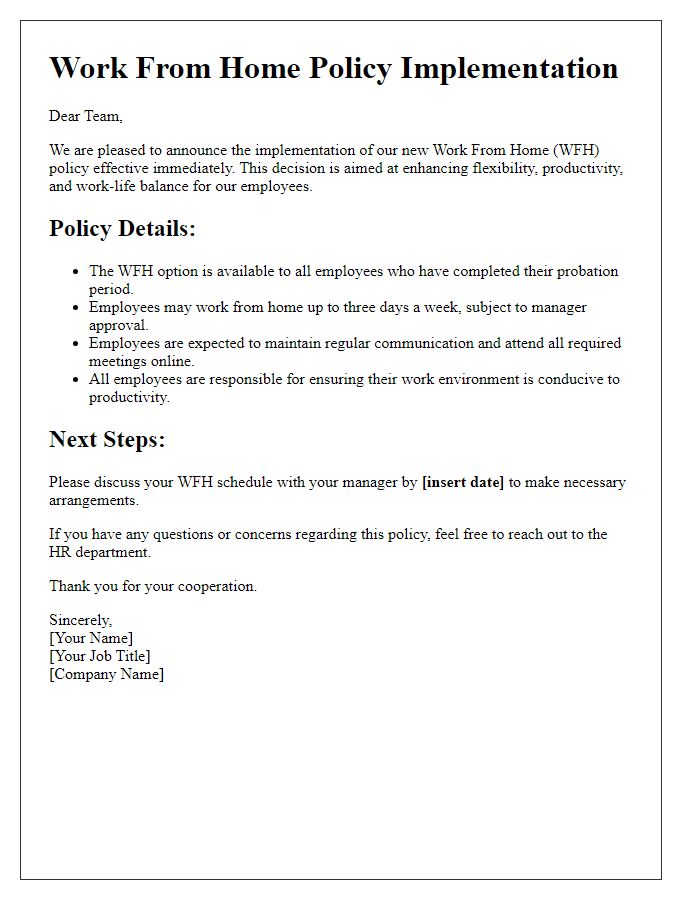 Letter template of work-from-home policy implementation for employees.