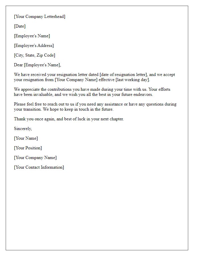 Letter template of acceptance for employee resignation.