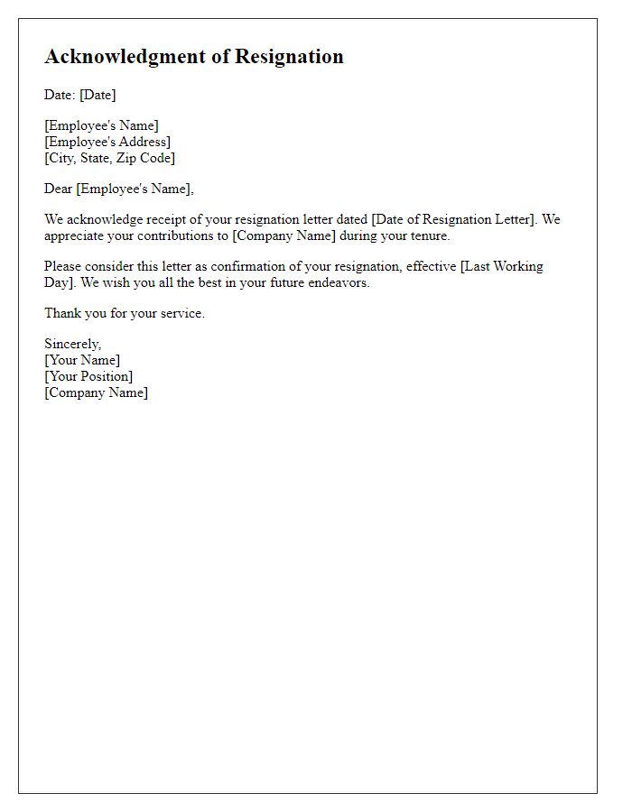 Letter template of acknowledgment for resignation submission.