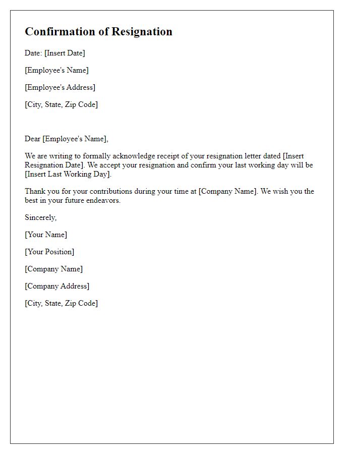 Letter template of confirmation regarding resignation notice.