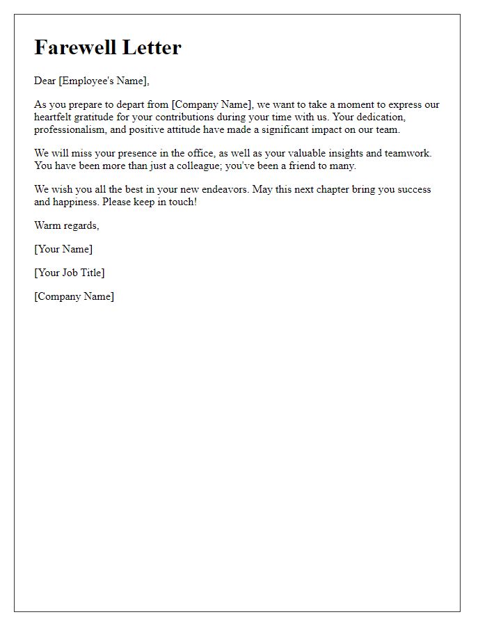 Letter template of farewell for departing employee post-resignation.