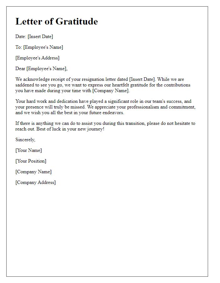 Letter template of formal gratitude upon receiving resignation.