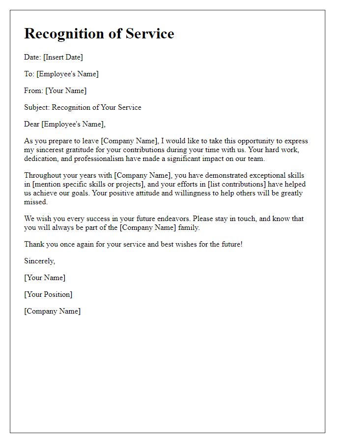 Letter template of recognition for employee's resignation.