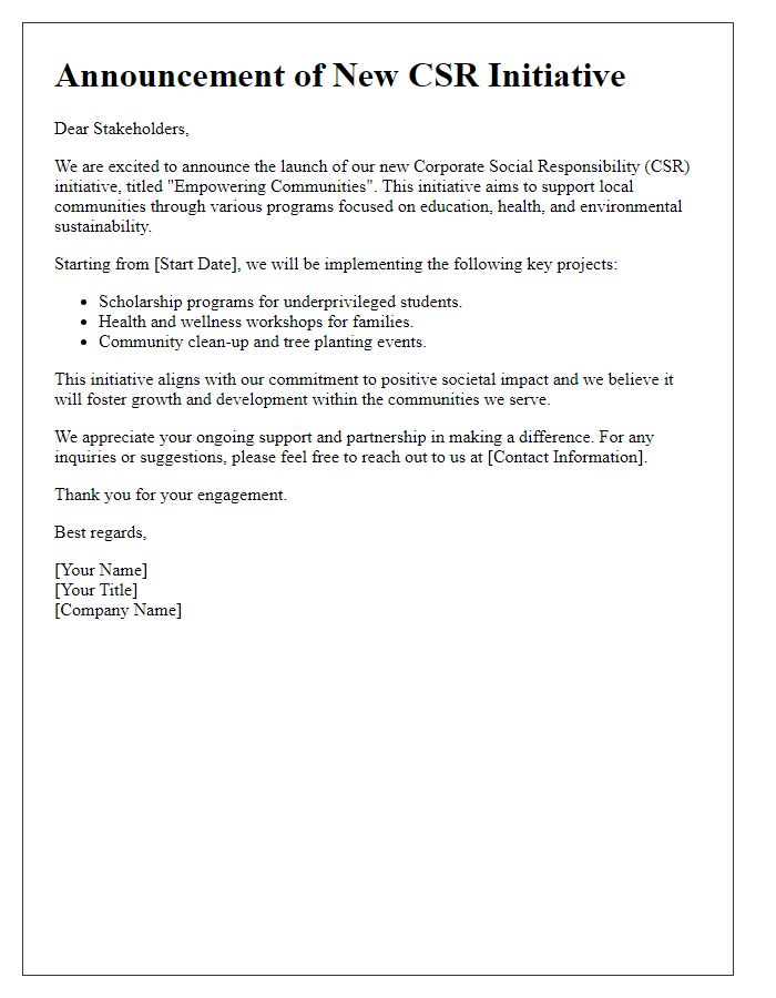 Letter template of CSR initiative announcement for stakeholders