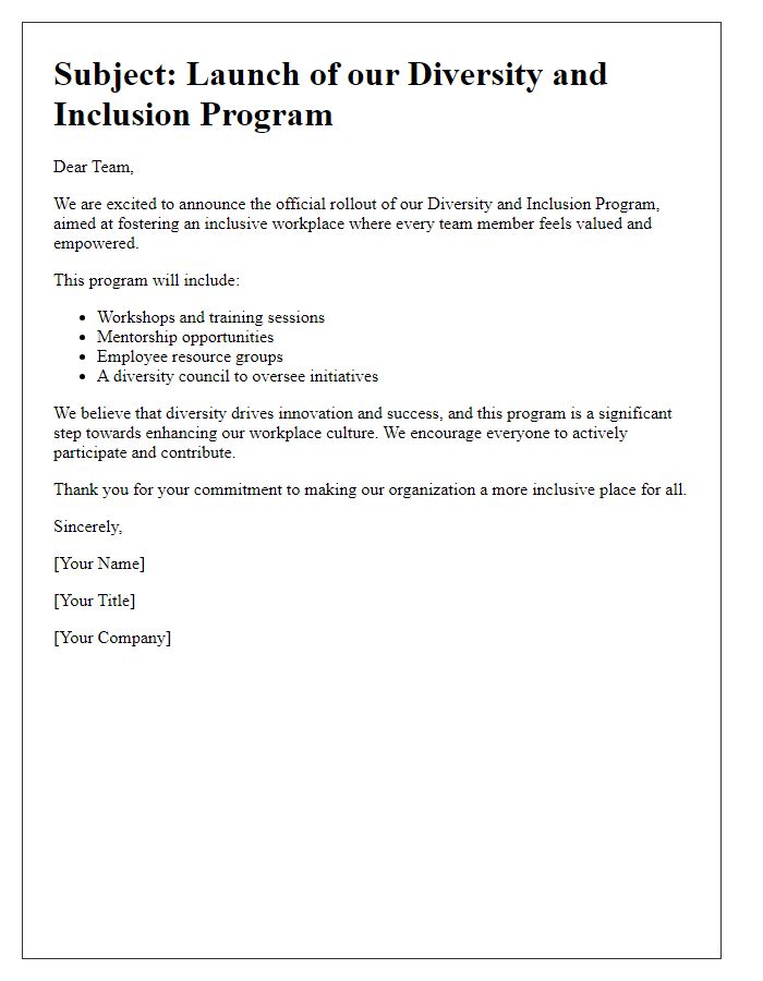 Letter template of diversity and inclusion program rollout