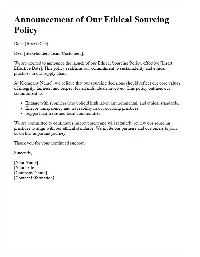 Letter template of ethical sourcing policy announcement