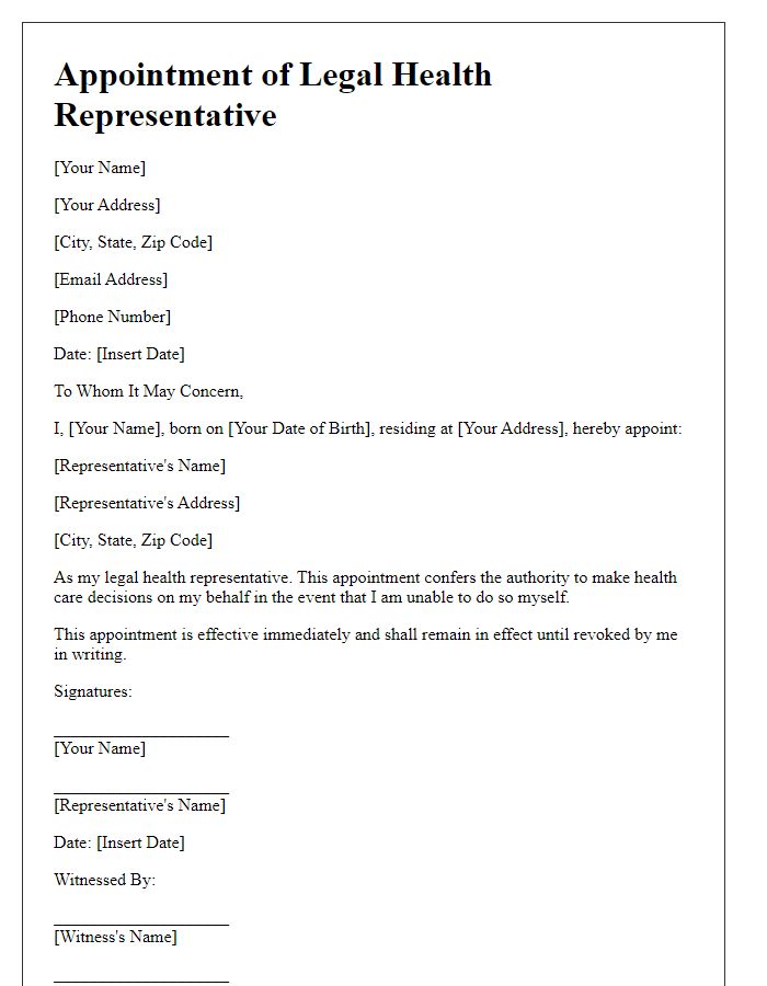 Letter template of appointing a legal health representative.