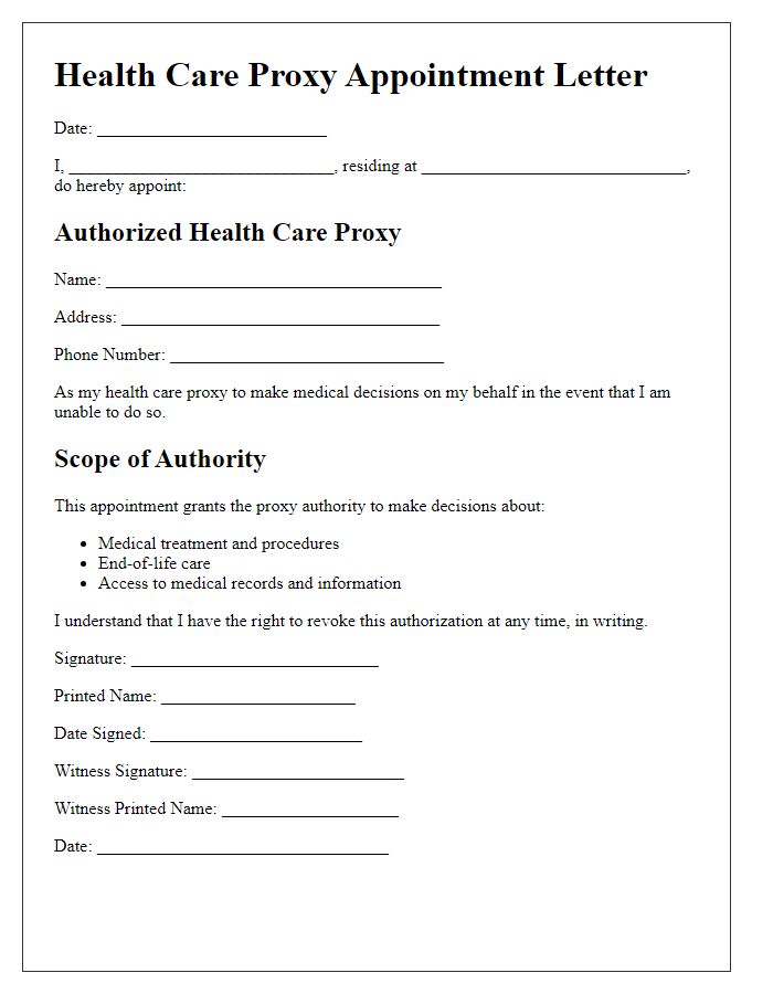 Letter template of authorization for health care proxy appointment.