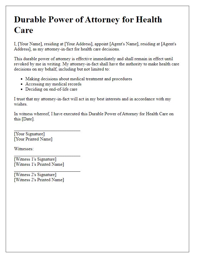 Letter template of durable power of attorney for health care.