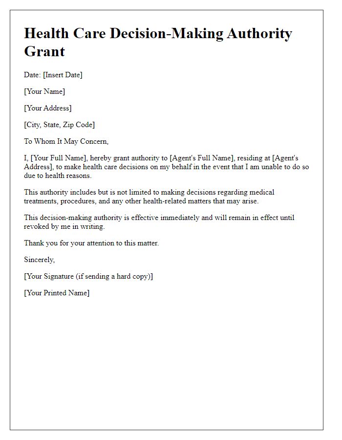 Letter template of health care decision-making authority grant.