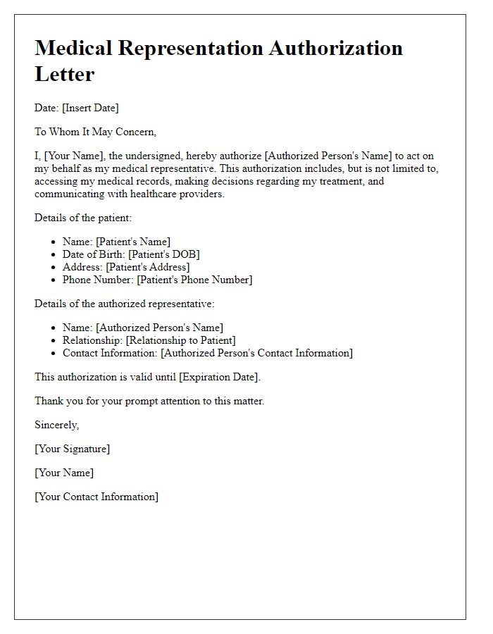 Letter template of medical representation authorization.