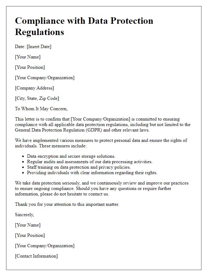 Letter template of Compliance with Data Protection Regulations