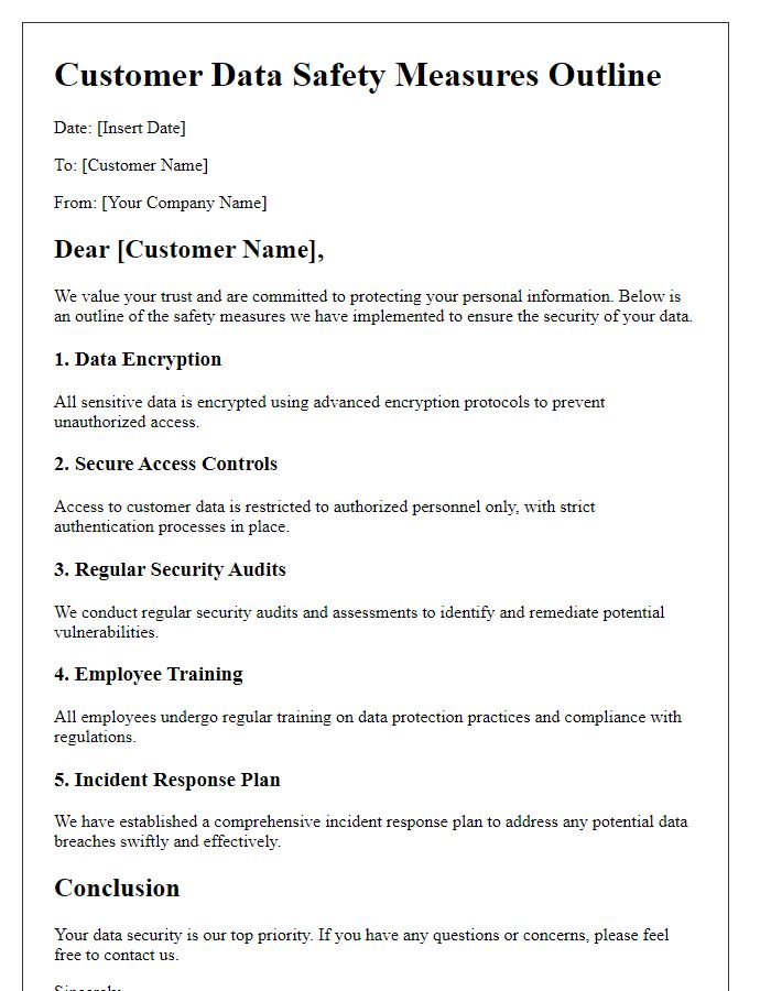 Letter template of Customer Data Safety Measures Outline