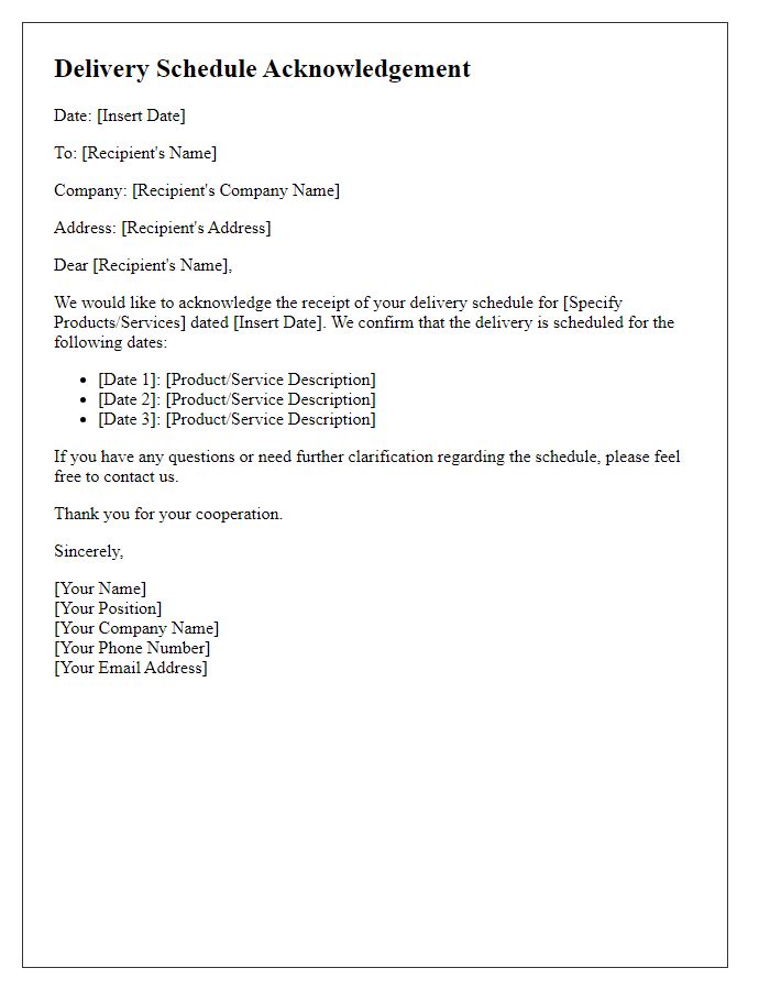 Letter template of delivery schedule acknowledgement