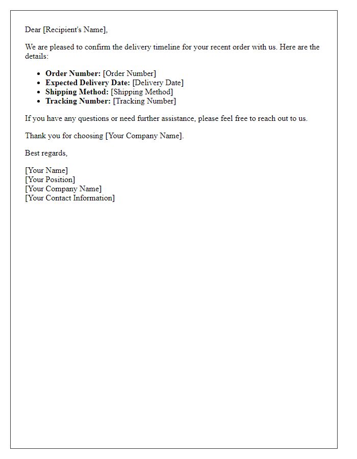 Letter template of delivery timeline confirmation