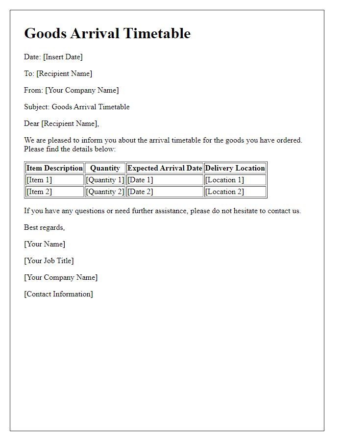 Letter template of goods arrival timetable