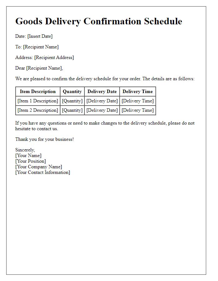 Letter template of goods delivery confirmation schedule