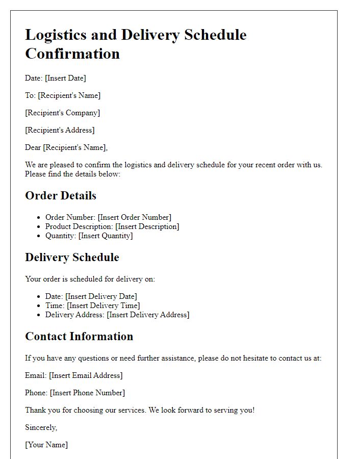 Letter template of logistics and delivery schedule confirmation