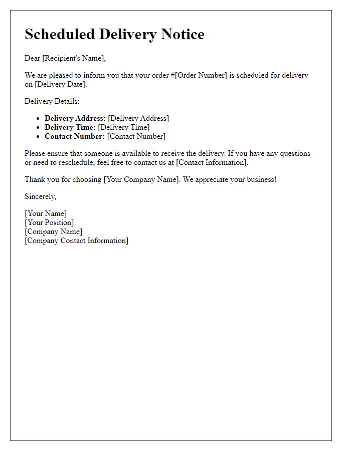 Letter template of scheduled delivery for goods