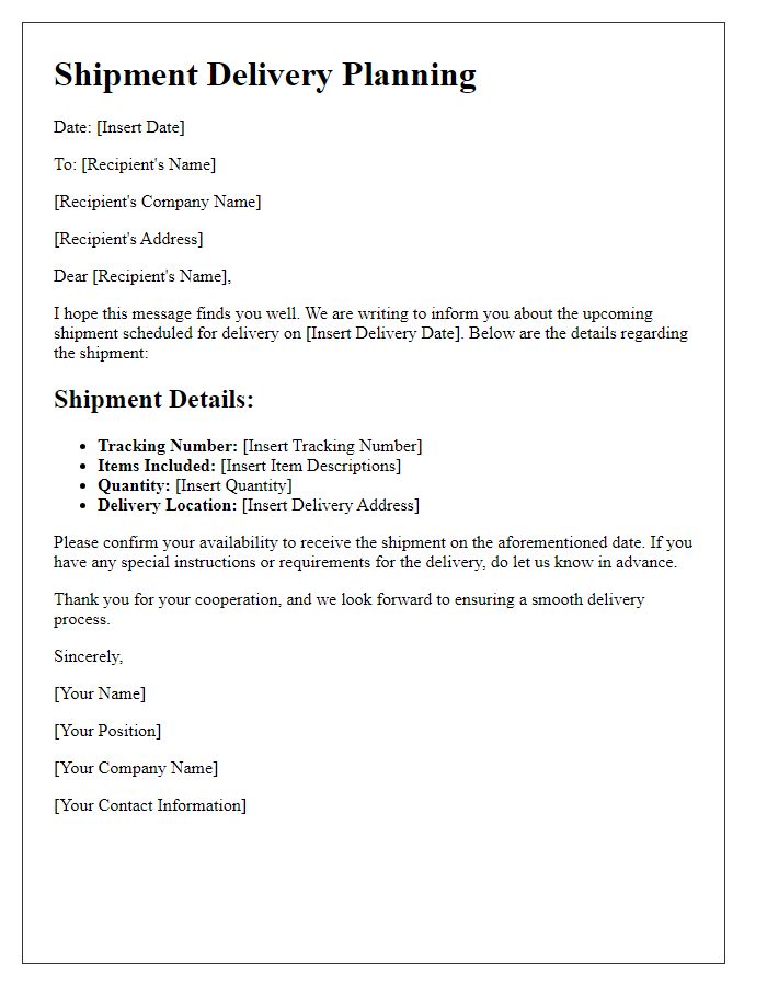 Letter template of shipment delivery planning