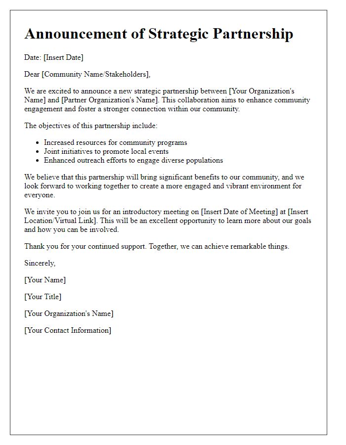 Letter template of Strategic Partnership Announcement for Community Engagement