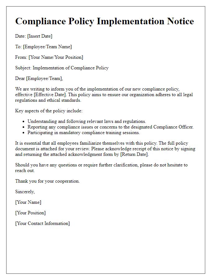 Letter template of compliance policy implementation notice