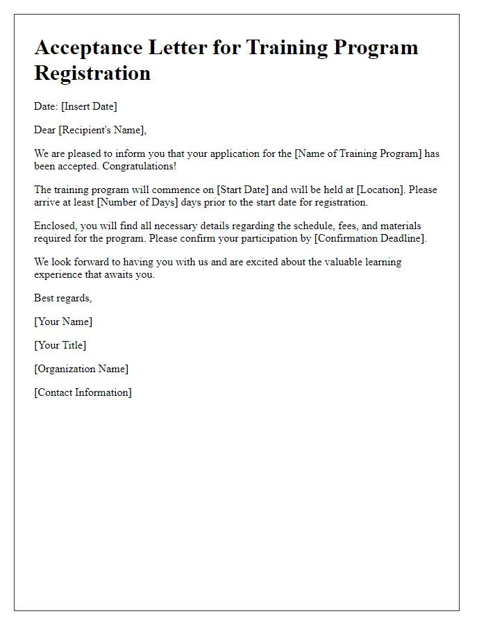 Letter template of acceptance for training program registration