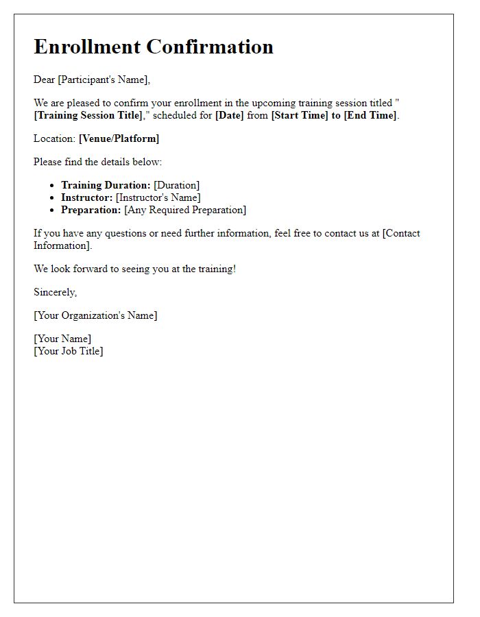 Letter template of confirmation for training session enrollment