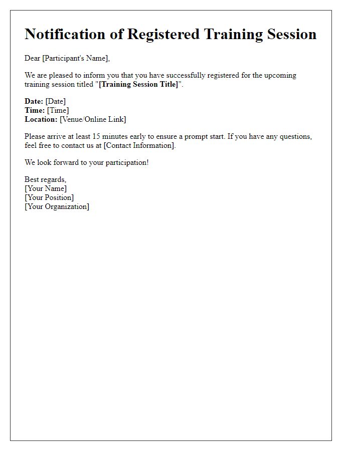 Letter template of notification for registered training session