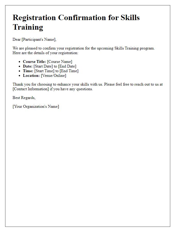 Letter template of registration confirmation for skills training