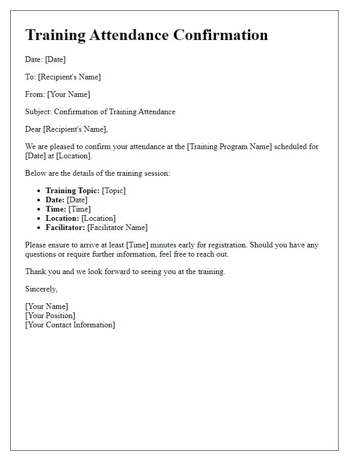 Letter template of summary for training attendance confirmation