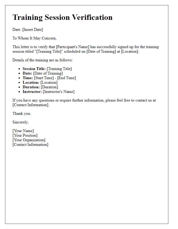 Letter template of verification for training session sign-up