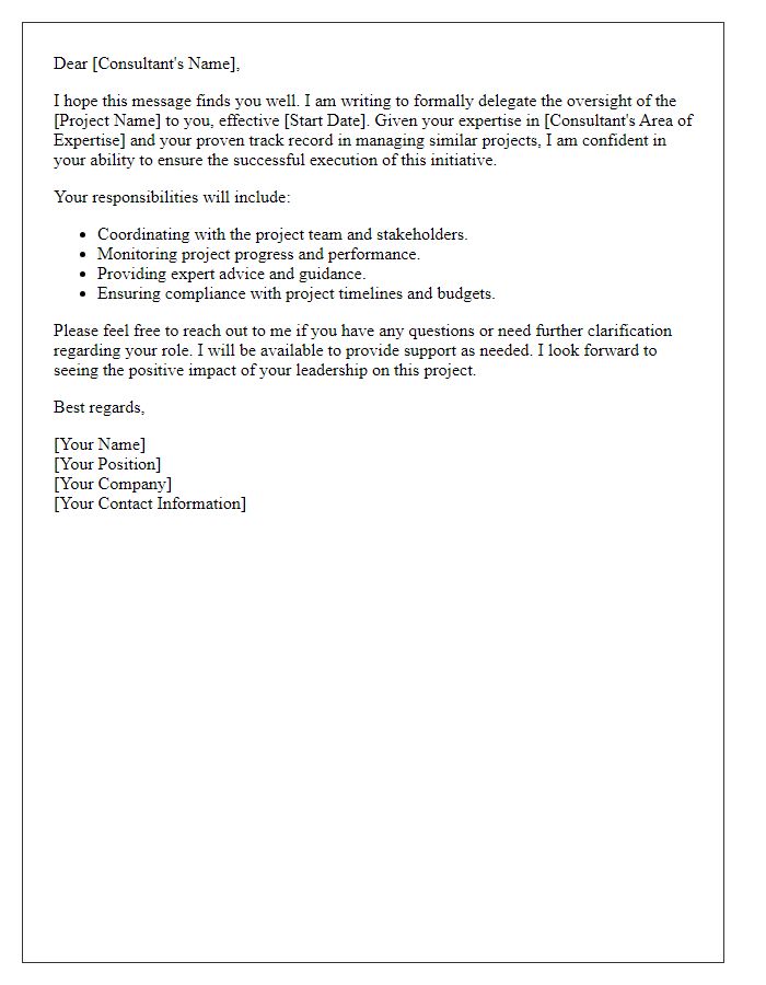 Letter template of delegating project oversight to an external consultant.