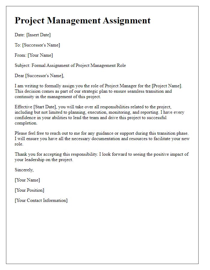 Letter template of formally assigning project management to a successor.