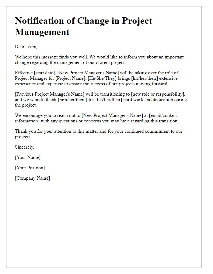 Letter template of notifying staff about the change in project management.