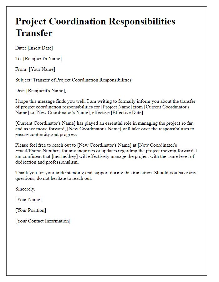 Letter template of transferring project coordination responsibilities within a team.