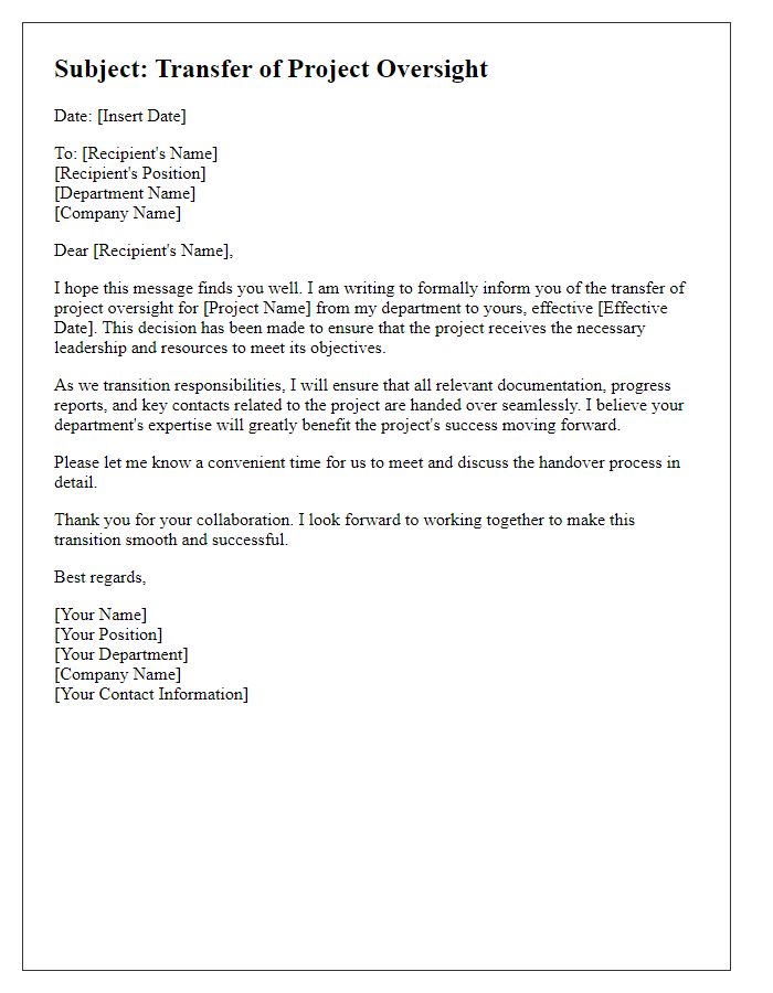 Letter template of transferring project oversight to another department head.