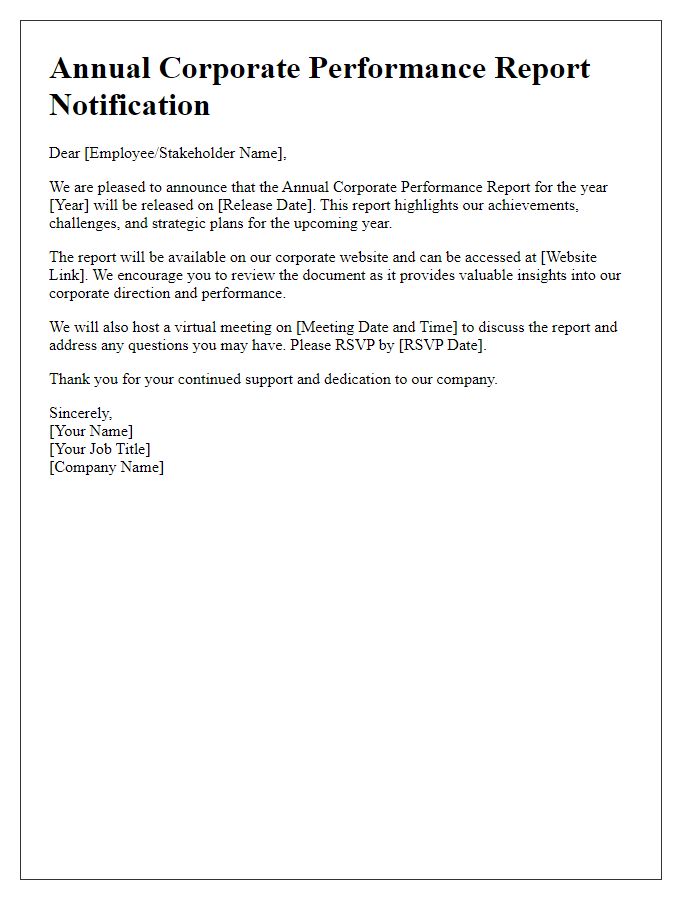 Letter template of annual corporate performance report notification