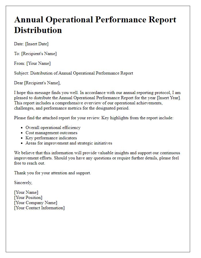 Letter template of annual operational performance report distribution