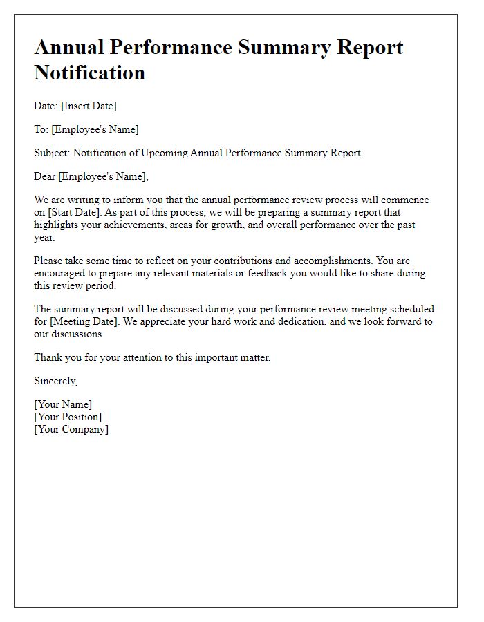 Letter template of annual performance summary report notification