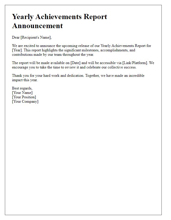 Letter template of yearly achievements report announcement