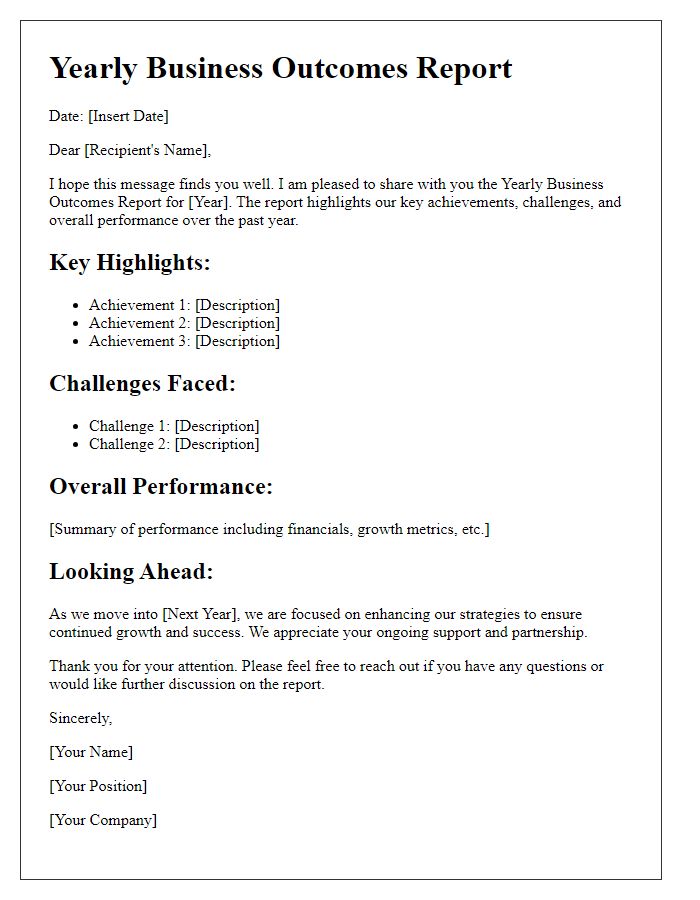 Letter template of yearly business outcomes report sharing