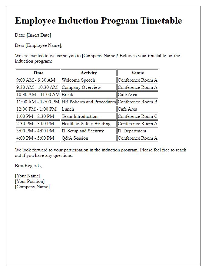 Letter template of employee induction program timetable